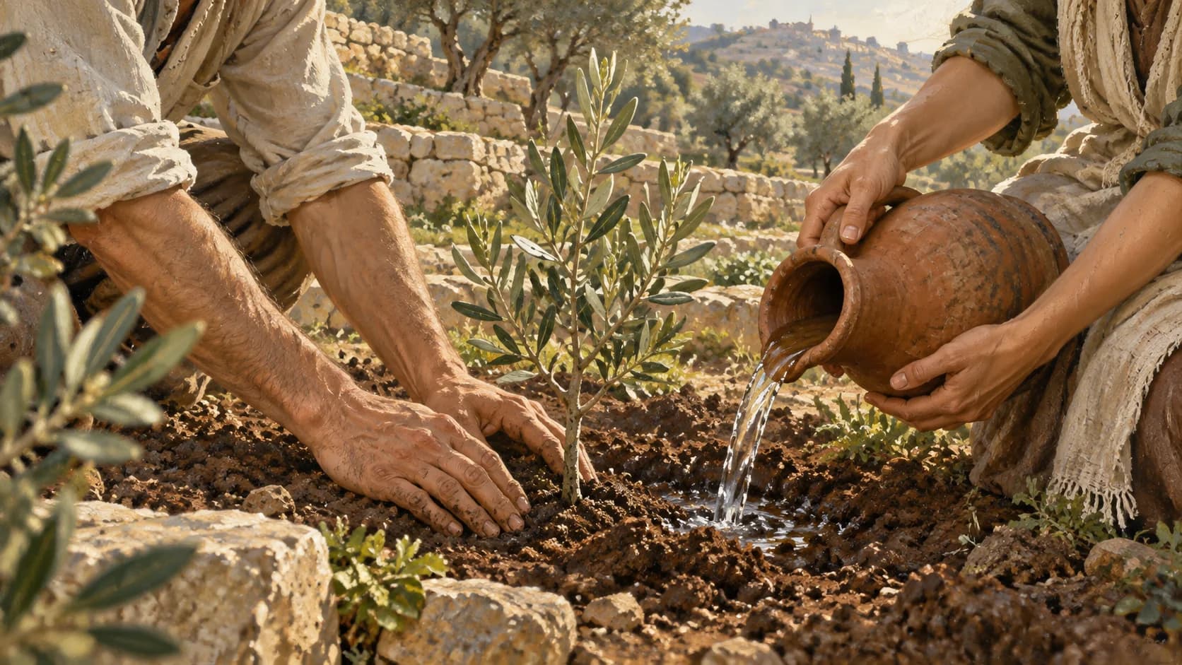 Illustration of two people planting and watering a young olive tree together.