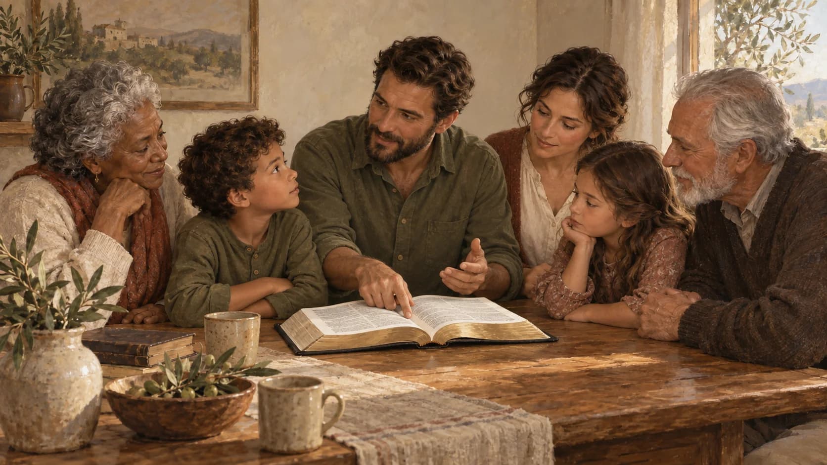 Illustration of a father teaching from an open Bible while the mother, children, and grandparents listen.