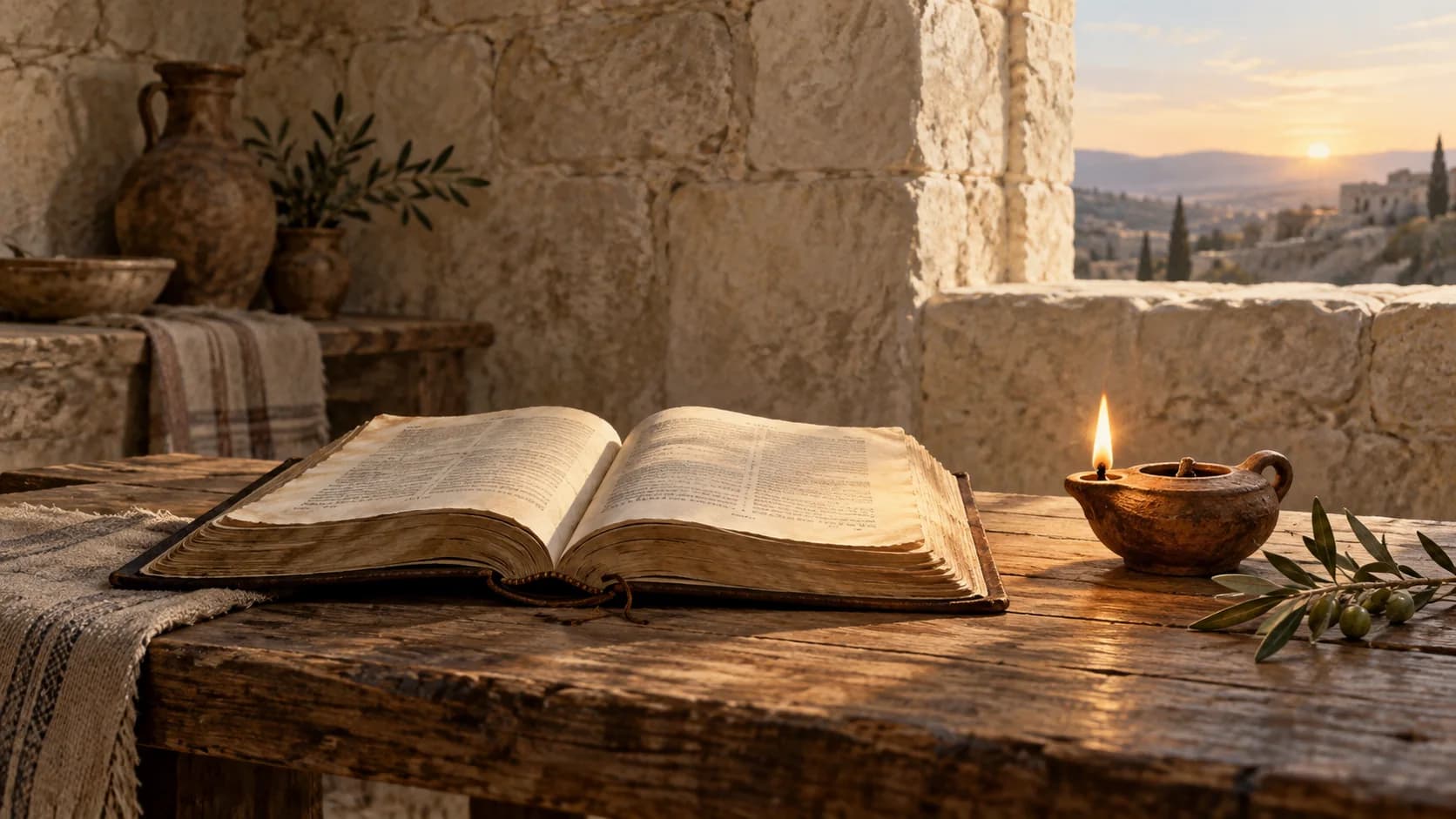 An illustrated open Bible beside a glowing oil lamp, with morning light entering a quiet stone room.