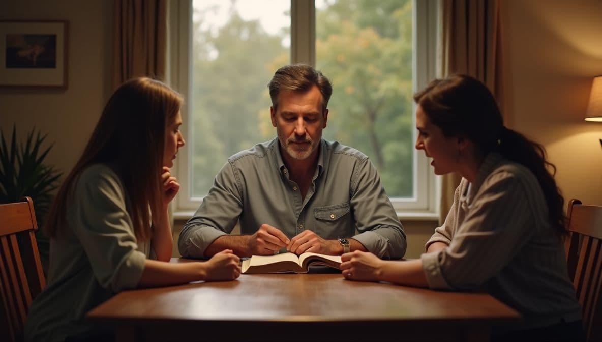 man sitting with 2 wives reading bible