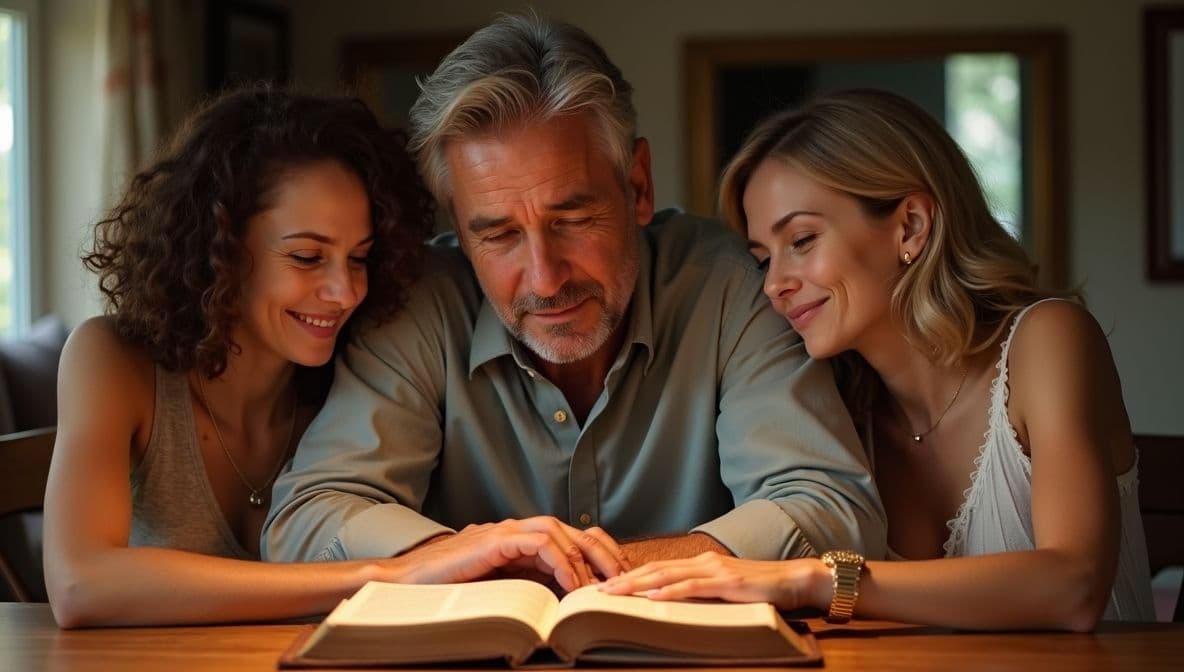 man sitting with 2 wives studying scripture
